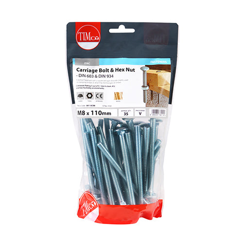 Timco Carriage Bolts & Hex Nuts - Zinc M8 x 110 - 35 Pieces