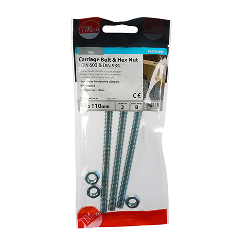 Timco Carriage Bolts & Hex Nuts - Zinc M8 x 110 - 3 Pieces