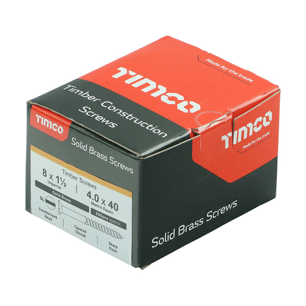 Timco Solid Brass Timber Screws - SLOT - Countersunk 8 x 1 1/2 - 200 Pieces