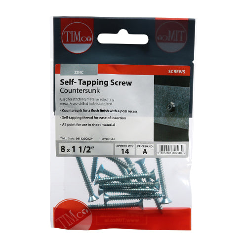 Timco Self-Tapping Screws - PZ - Countersunk - Zinc 8 x 1 1/2 - 14 Pieces