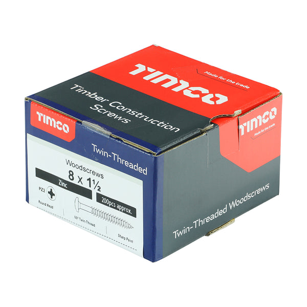 Timco Twin-Threaded Woodscrews - PZ - Round - Zinc 8 x 1 1/2 - 200 Pieces