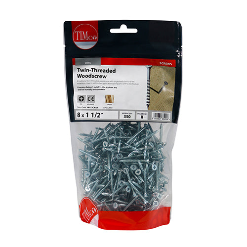 Timco Twin-Thread Woodscrews - PZ - Double Countersunk - Zinc 8 x 1 1/2 - 350 Pieces
