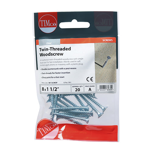 Timco Twin-Thread Woodscrews - PZ - Double Countersunk - Zinc 8 x 1 1/2 - 20 Pieces