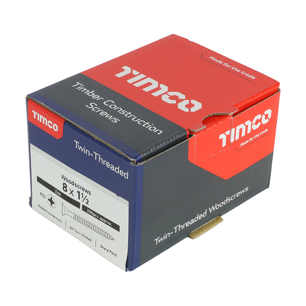 Timco Twin-Threaded Woodscrews - PZ - Double Countersunk - Zinc 8 x 1 1/2 - 200 Pieces