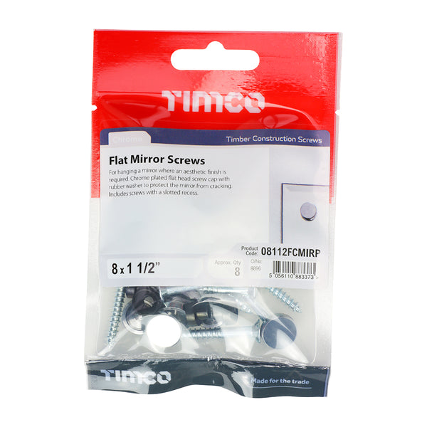 Timco Mirror Screws - Zinc - Chrome Flat 8 x 1 1/2 - 8 Pieces