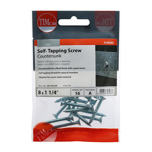 Timco Self-Tapping Screws - PZ - Countersunk - Zinc 8 x 1 1/4 - 16 Pieces
