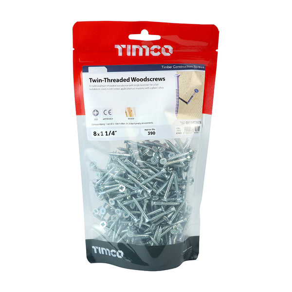 Timco Twin-Thread Woodscrews - PZ - Double Countersunk - Zinc 8 x 1 1/4 - 390 Pieces