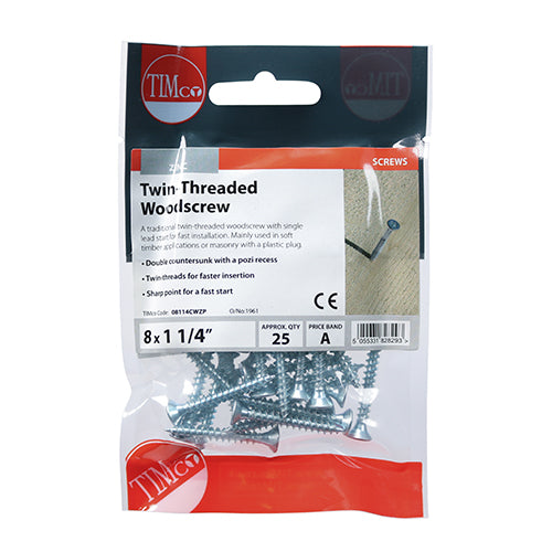 Timco Twin-Thread Woodscrews - PZ - Double Countersunk - Zinc 8 x 1 1/4 - 25 Pieces