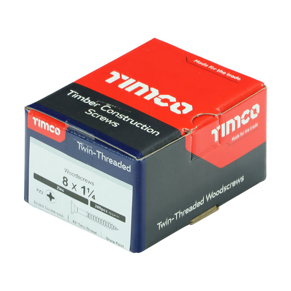 Timco Twin-Threaded Woodscrews - PZ - Double Countersunk - Zinc 8 x 1 1/4 - 200 Pieces