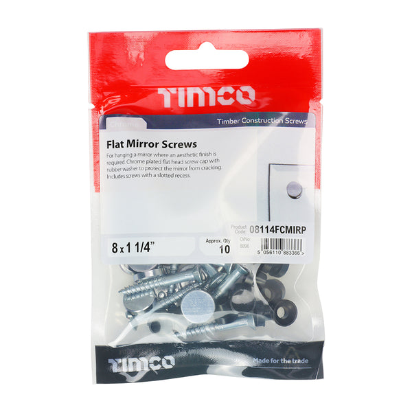 Timco Mirror Screws - Zinc - Chrome Flat 8 x 1 1/4 - 10 Pieces