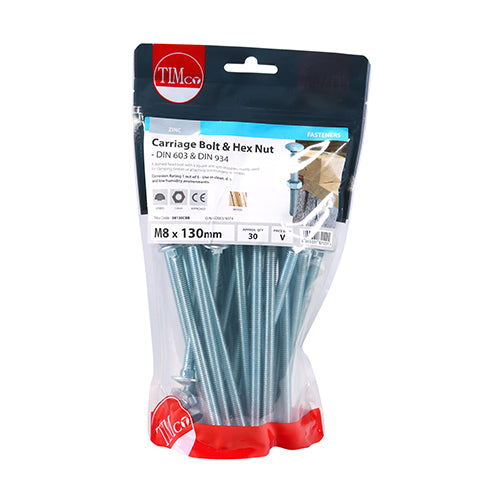 Timco Carriage Bolts & Hex Nuts - Zinc M8 x 130 - 30 Pieces