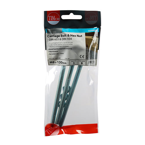 Timco Carriage Bolts & Hex Nuts - Zinc M8 x 130 - 3 Pieces