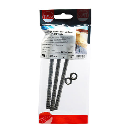 Timco Carriage Bolts & Hex Nuts - Stainless Steel M8 x 130 - 3 Pieces