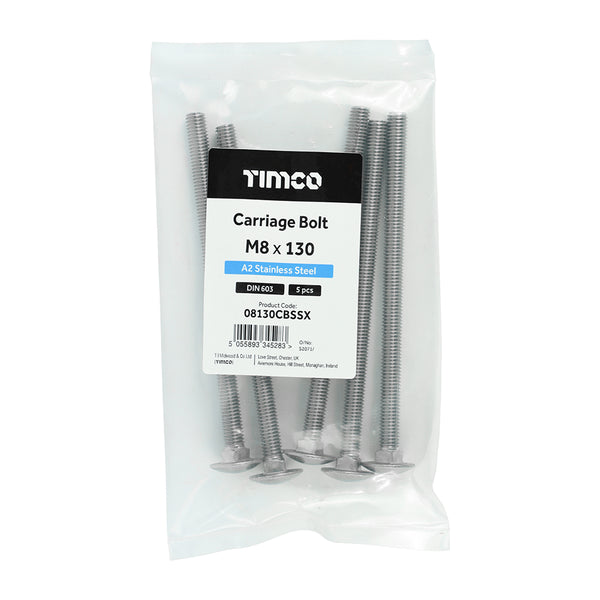 Timco Carriage Bolts - A2 Stainless Steel M8 x 130 - 5 Pieces