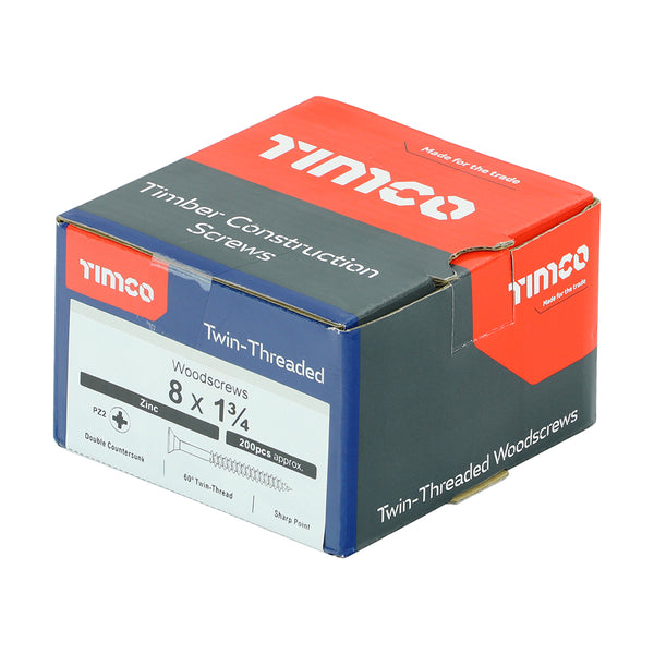 Timco Twin-Threaded Woodscrews - PZ - Double Countersunk - Zinc 8 x 1 3/4 - 200 Pieces