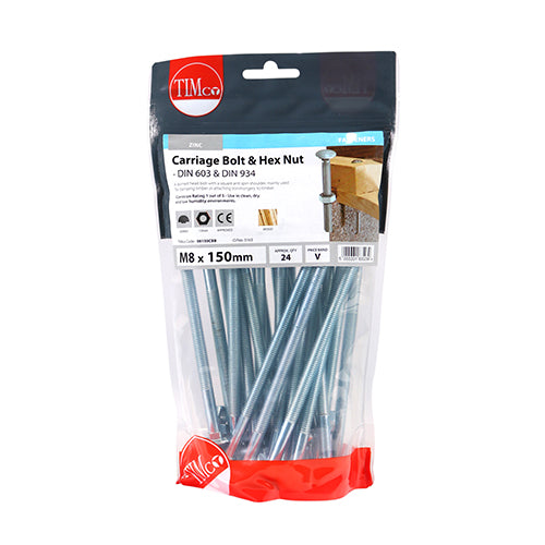 Timco Carriage Bolts & Hex Nuts - Zinc M8 x 150 - 24 Pieces