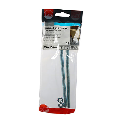 Timco Carriage Bolts & Hex Nuts - Zinc M8 x 150
