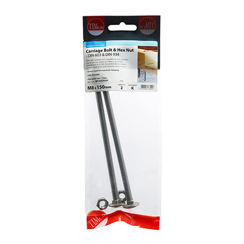 Timco Carriage Bolts & Hex Nuts - Stainless Steel M8 x 150