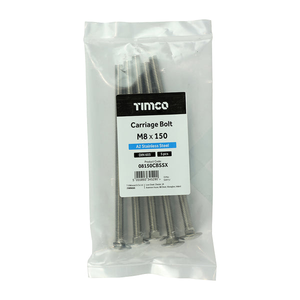 Timco Carriage Bolts - A2 Stainless Steel M8 x 150 - 5 Pieces