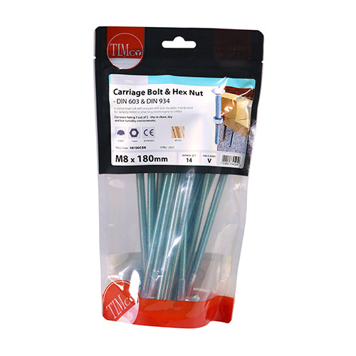 Timco Carriage Bolts & Hex Nuts - Zinc M8 x 180 - 14 Pieces