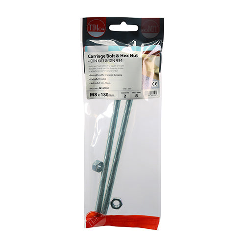 Timco Carriage Bolts & Hex Nuts - Zinc M8 x 180