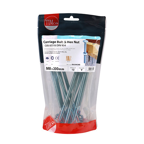 Timco Carriage Bolts & Hex Nuts - Zinc M8 x 200 - 12 Pieces