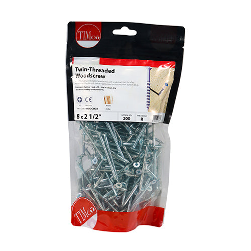 Timco Twin-Thread Woodscrews - PZ - Double Countersunk - Zinc 8 x 2 1/2 - 200 Pieces