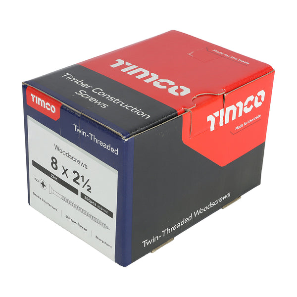 Timco Twin-Threaded Woodscrews - PZ - Double Countersunk - Zinc 8 x 2 1/2 - 200 Pieces