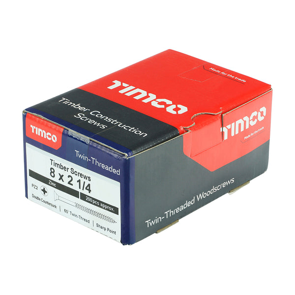 Timco Twin-Threaded Woodscrews - PZ - Double Countersunk - Zinc 8 x 2 1/4 - 200 Pieces