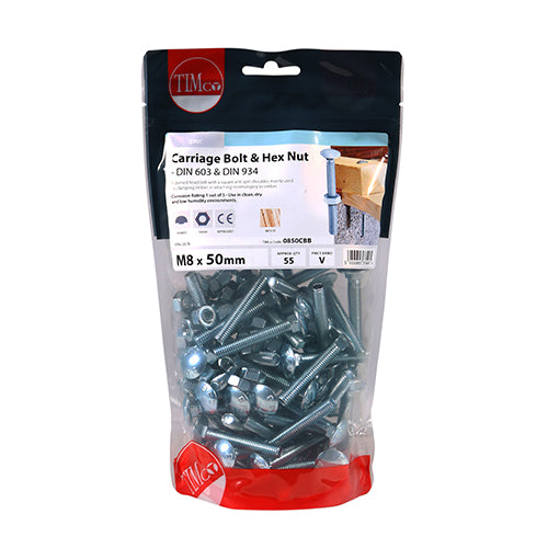 Timco Carriage Bolts & Hex Nuts - Zinc M8 x 50 - 55 Pieces