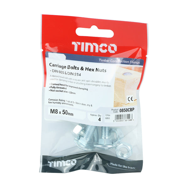 Timco Carriage Bolts & Hex Nuts - Zinc M8 x 50 - 4 Pieces