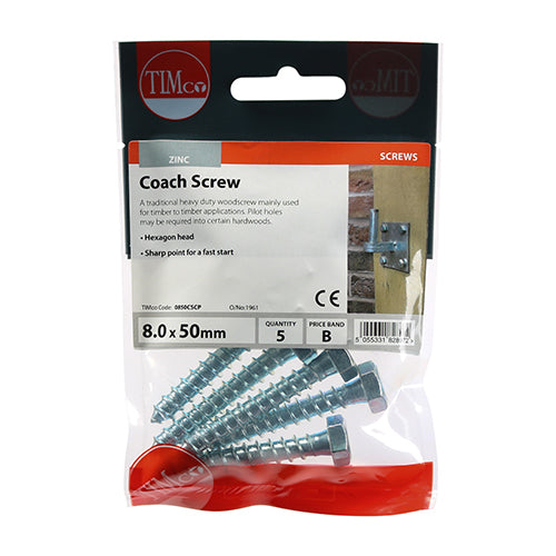 Timco Coach Screws - Hex - Zinc 8.0 x 50 - 5 Pieces