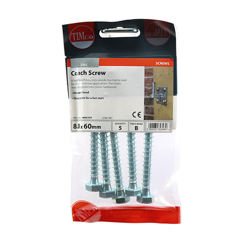 Timco Coach Screws - Hex - Zinc 8.0 x 60 - 5 Pieces