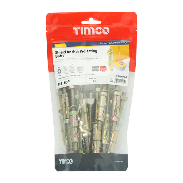 Timco Shield Anchor Projecting Bolts - Yellow M8:60P (M8 x 120) - 22 Pieces