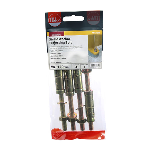 Timco Shield Anchor Projecting Bolts - Yellow M8:60P (M8 x 120) - 4 Pieces