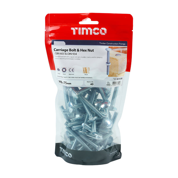 Timco Carriage Bolts & Hex Nuts - Zinc M8 x 75 - 40 Pieces