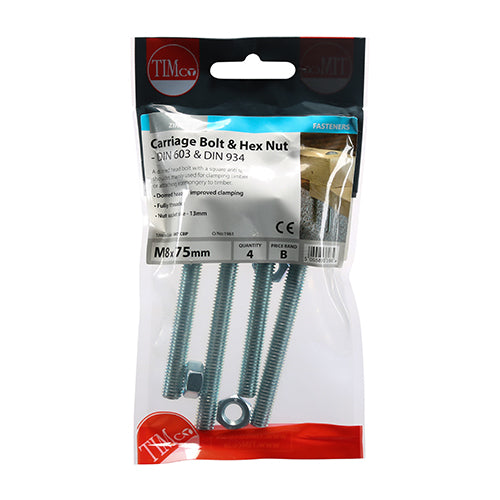 Timco Carriage Bolts & Hex Nuts - Zinc M8 x 75 - 4 Pieces