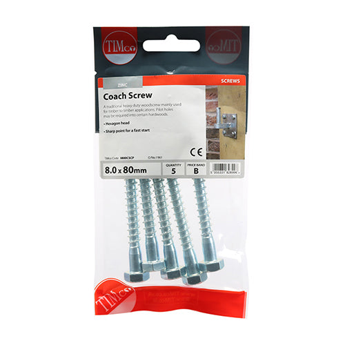 Timco Coach Screws - Hex - Zinc 8.0 x 80 - 5 Pieces
