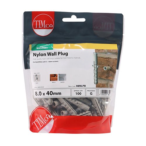 Timco Nylon Plugs 8.0 x 40 - 100 Pieces