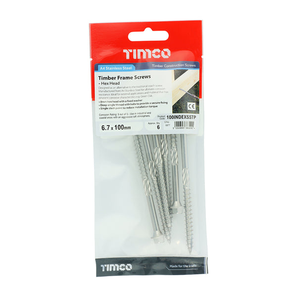 Timco Timber Screws - Hex - Stainless Steel 6.7 x 100 - 6 Pieces