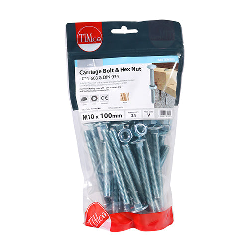 Timco Carriage Bolts & Hex Nuts - Zinc M10 x 100 - 24 Pieces