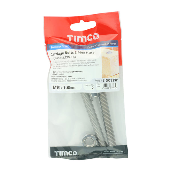 Timco Carriage Bolts & Hex Nuts - Stainless Steel M10 x 100