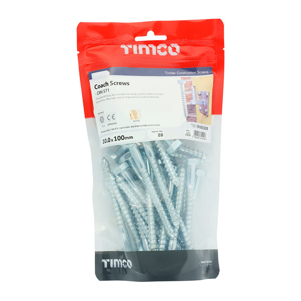 Timco Coach Screws - Hex - Zinc 10.0 x 100 - 28 Pieces