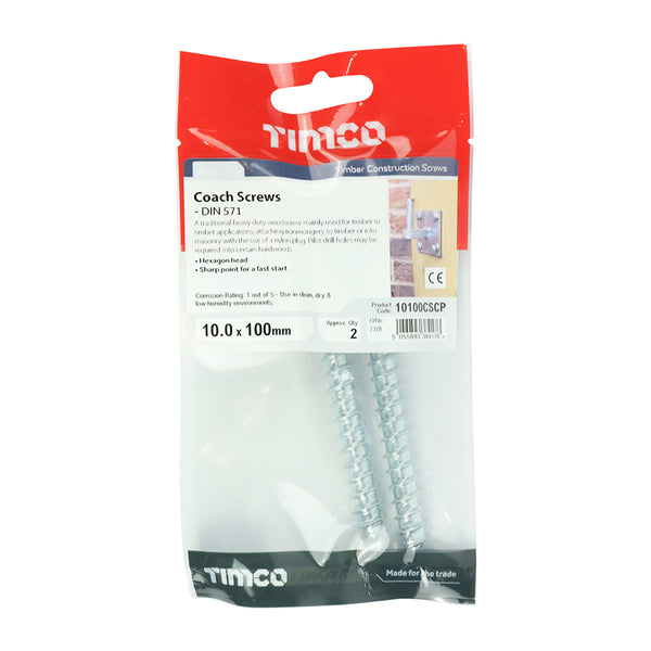 Timco Coach Screws - Hex - Zinc 10.0 x 100
