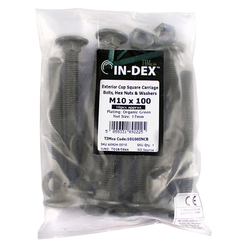 Timco Carriage Bolts Hex Nuts & Form A Washers - Dome - Exterior - Green M10 x 100 - 10 Pieces