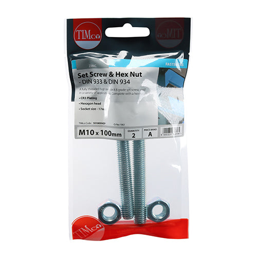 Timco Set Screws & Hex Nuts - Grade 8.8 - Zinc M10 x 100