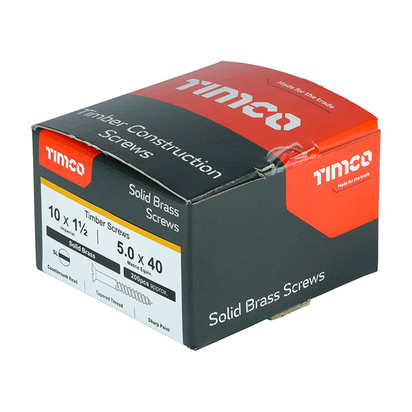 Timco Solid Brass Timber Screws - SLOT - Countersunk 10 x 1 1/2 - 200 Pieces
