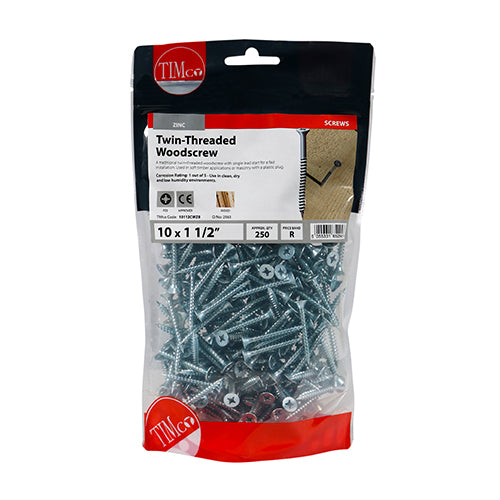 Timco Twin-Thread Woodscrews - PZ - Double Countersunk - Zinc 10 x 1 1/2 - 250 Pieces