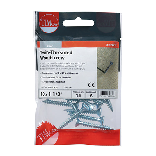 Timco Twin-Thread Woodscrews - PZ - Double Countersunk - Zinc 10 x 1 1/2 - 15 Pieces