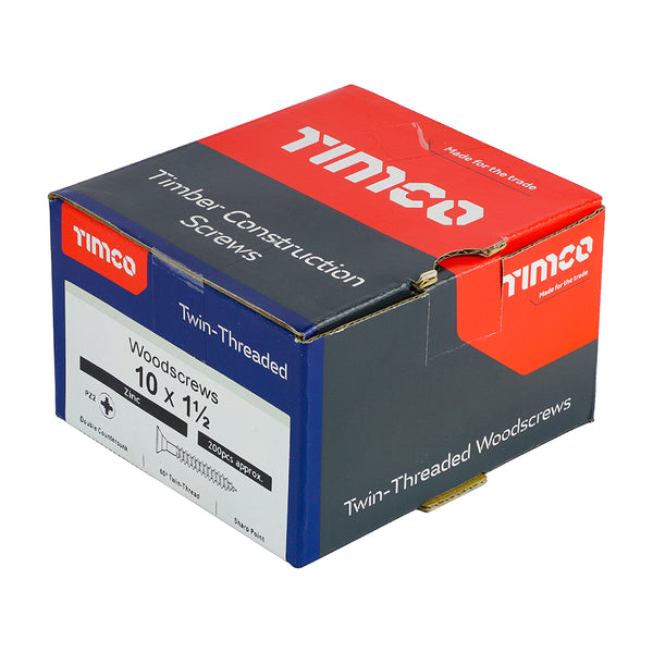 Timco Twin-Threaded Woodscrews - PZ - Double Countersunk - Zinc 10 x 1 1/2 - 200 Pieces